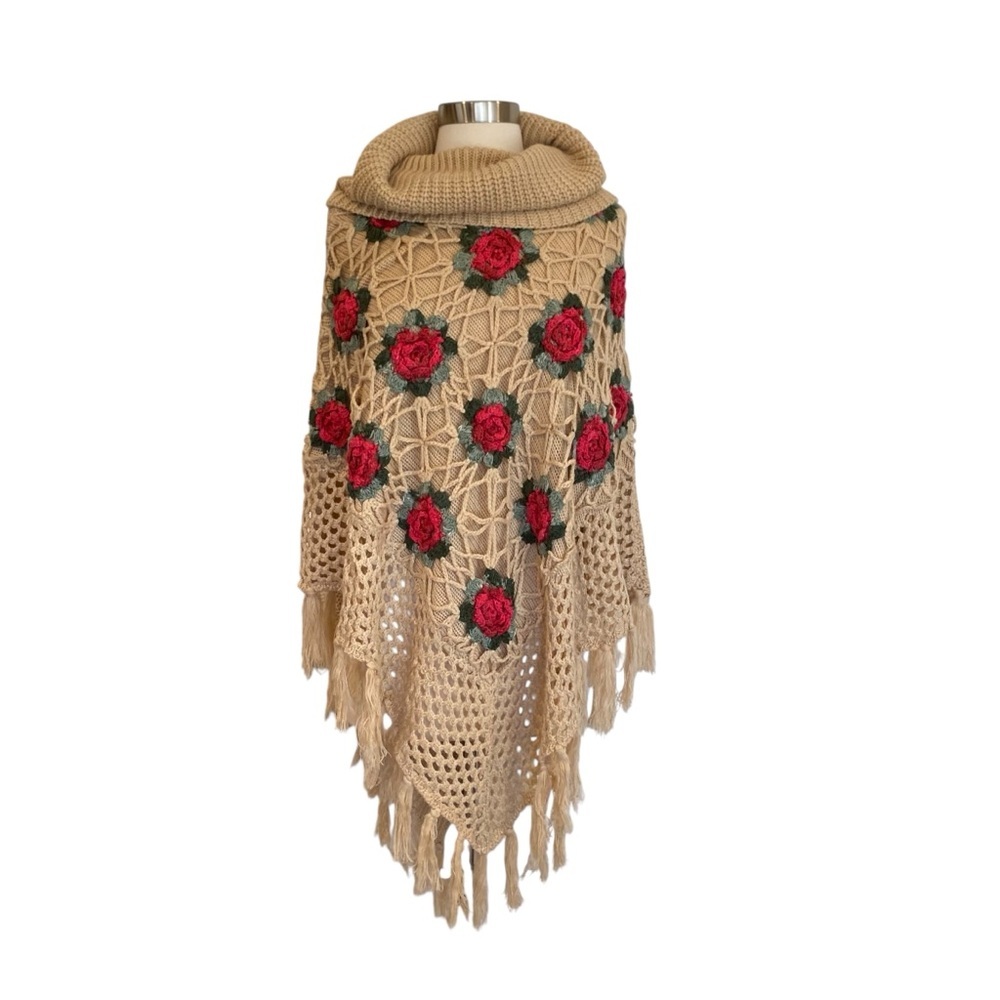 Crochet Knit Shawl Poncho with Rose Appliqué - Picture 2 of 6